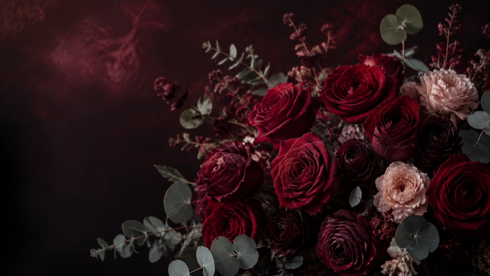 A deep burgundy bouquet of garden roses and eucalyptus, arranged by Amelia Flowers in Tirana