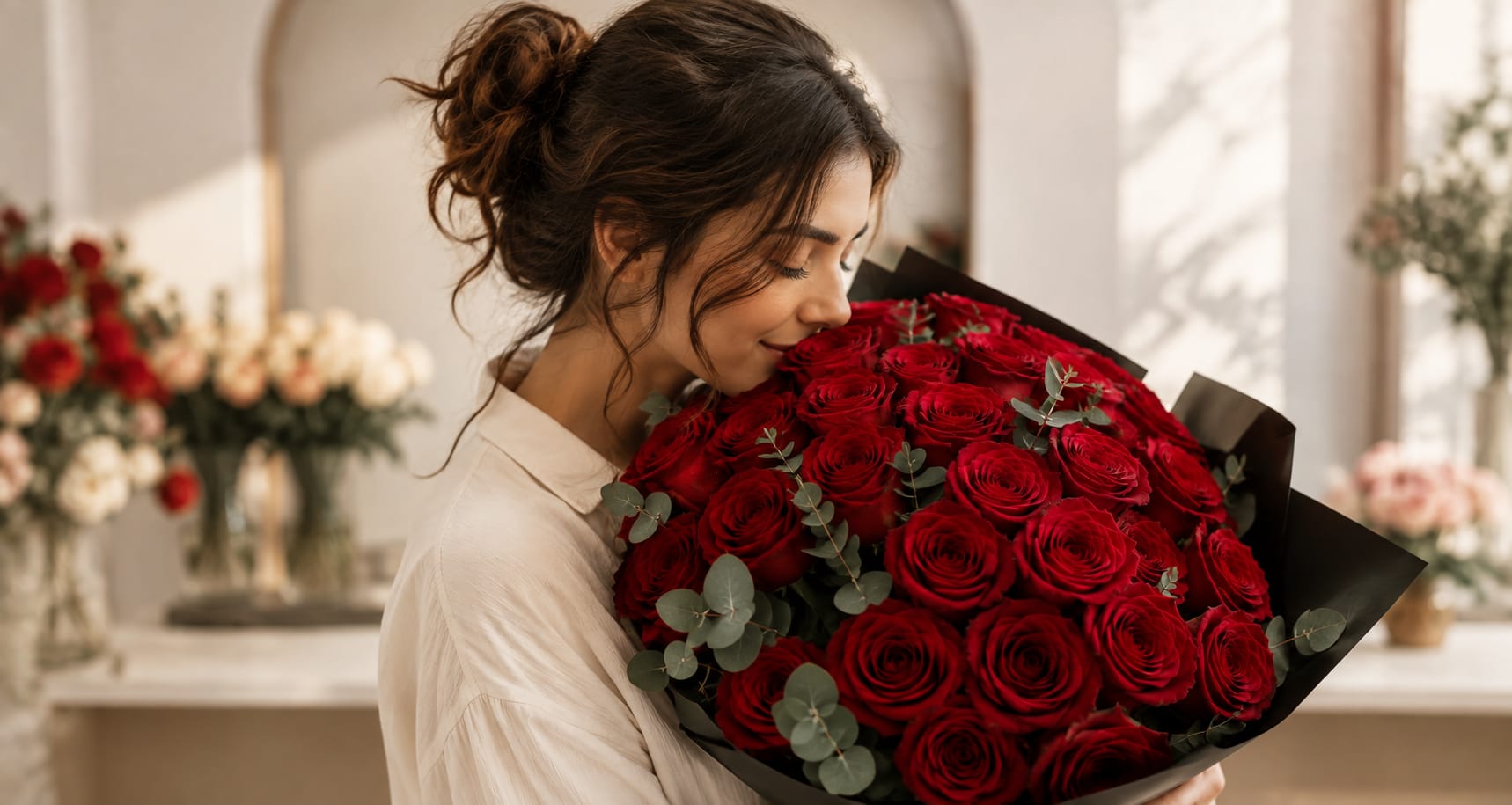 A customer with roses from Amelia Flowers in Tirana